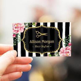 Small Hair Stylist Stunning Floral Gold Glitter Stripes Business Invitations Front View