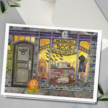 halloween cat and book shop watercolor invitations