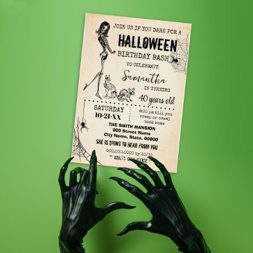 halloween girl & cats skeleton birthday invitation