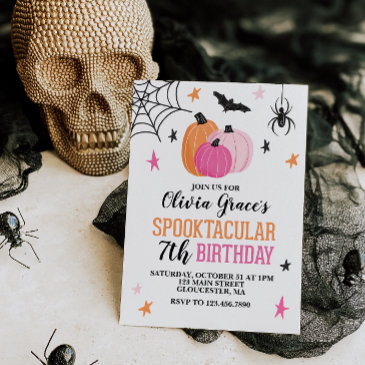 halloween spooktacular girl birthday pink pumpkins invitation