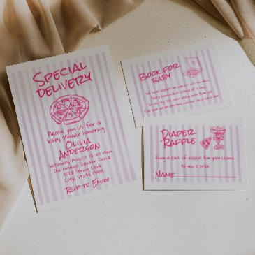 hand dawn pink pizza special delivery baby shower invitation