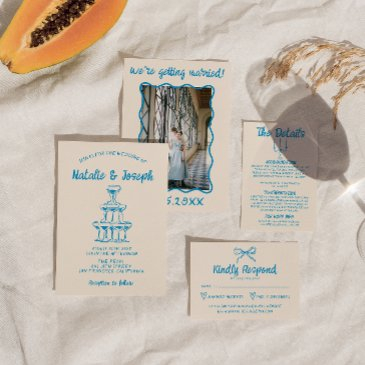 hand drawn blue quirky champagne tower wedding in invitation