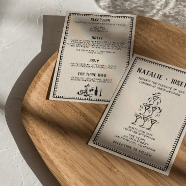 hand drawn champagne tower all in one wedding invitation