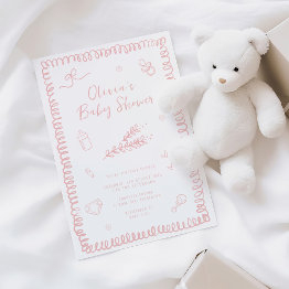 Small Hand Drawn Doodle Pink Baby Shower Invitation Front View