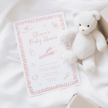 hand drawn doodle pink baby shower invitation