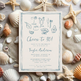 Small Hand Drawn Funky Nautical Beach 30th Birthday Invitation Front View