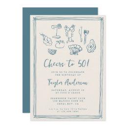 Small Hand Drawn Funky Nautical Beach 50th Birthday Invitation Front View