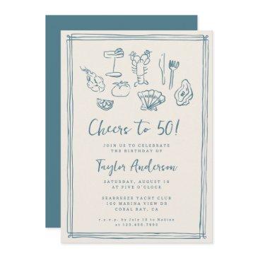hand drawn funky nautical beach 50th birthday invitation
