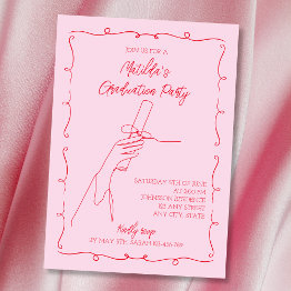 Small Hand Drawn Illustrated Pink & Red Graduation Party Invitation Front View