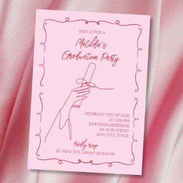 hand drawn illustrated pink & red graduation party invitation