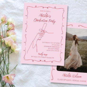 hand drawn pink & red photo graduation party invitation