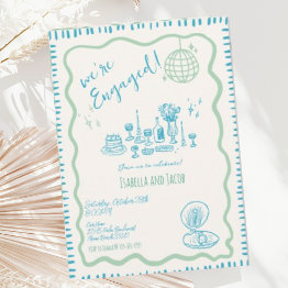 Small Hand Drawn Quirky Wavy Engagement Party      Invitation Front View