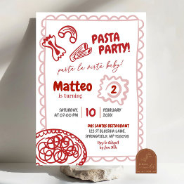 Small Hand Drawn Red Pizza Pasta Birthday Party Invitation Front View
