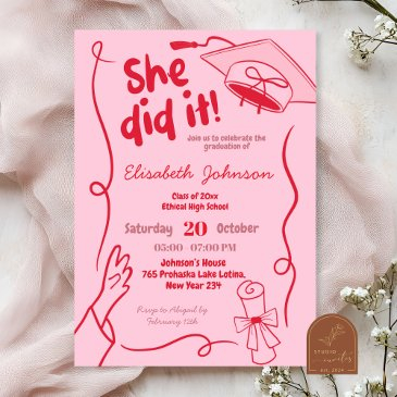 hand drawn red she did it graduation invitation