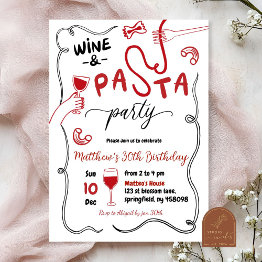 Small Hand Drawn Red Wine And Pasta Party Adult Birthday Invitation Front View