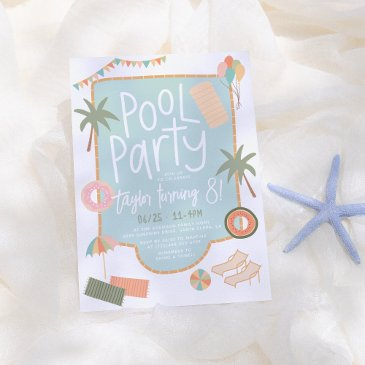 hand-drawn summer fun custom pool party birthday invitation
