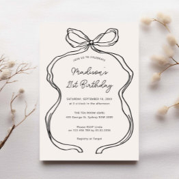 Small Hand Drawn Whimsical Ribbon 21st Birthday Party Invitation Front View