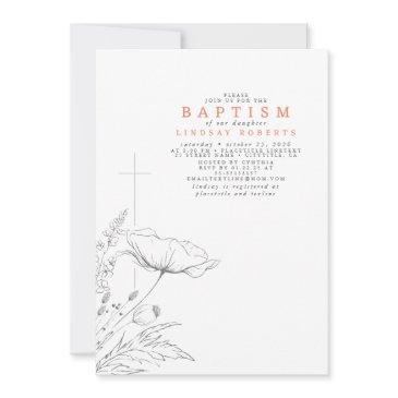 hand-drawn wildflowers elegant peach color baptism invitation