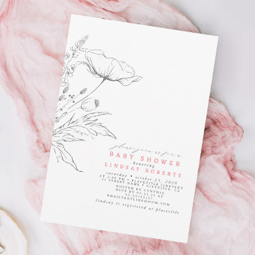 hand-drawn wildflowers elegant pink baby shower invitation