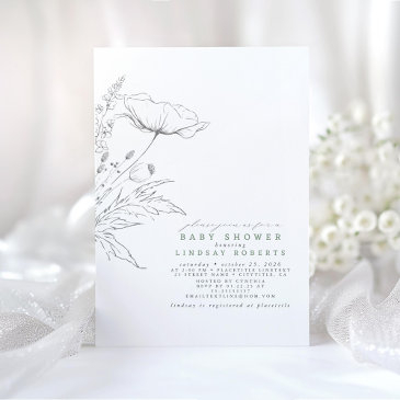 hand-drawn wildflowers elegant sage baby shower invitation