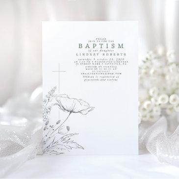 hand-drawn wildflowers elegant sage green baptism invitation