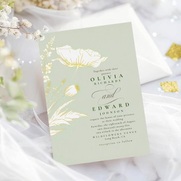 hand-drawn wildflowers elegant sage wedding foil invitation
