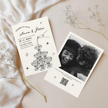 hand-illustrated champagne tower photo qr wedding invitation