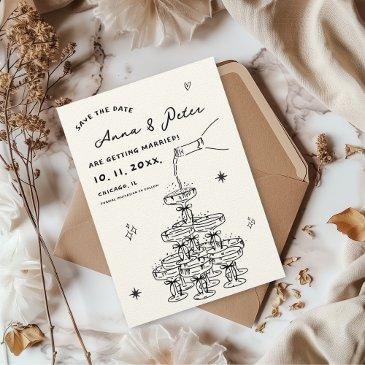 hand-illustrated champagne tower retro funky save the date