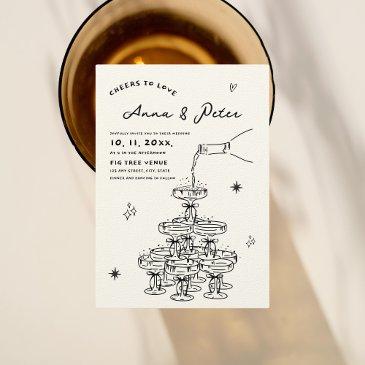 hand-illustrated champagne tower vintage wedding invitation