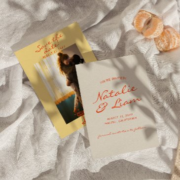 hand written drawn colorful retro photo wedding save the date