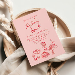 Small Hand Written Drawn Pink Quirky Fun Birthday Brunch Invitation Front View
