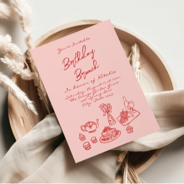 hand written drawn pink quirky fun birthday brunch invitation