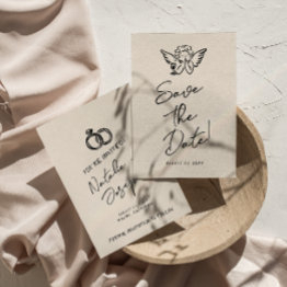 Small Hand Written Drawn Retro Cupid Quirky Wedding Save The Date Front View