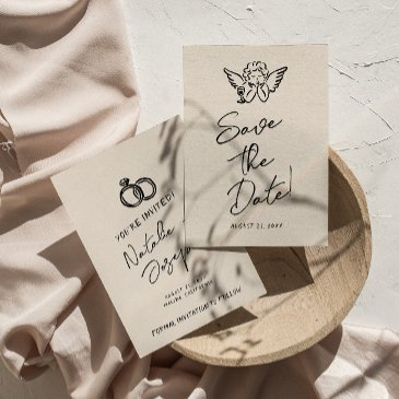 hand written drawn retro cupid quirky wedding save the date