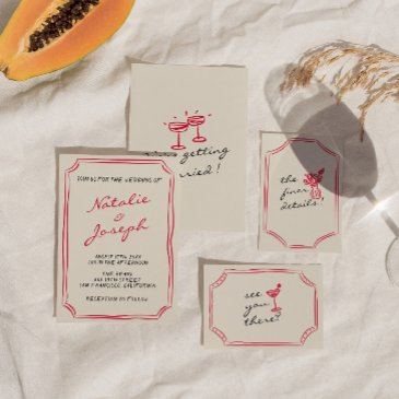 hand written drawn whimsical retro fun wedding   invitation