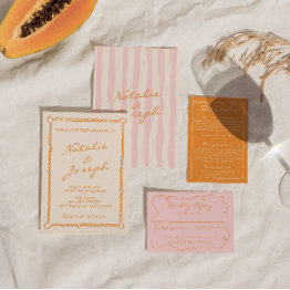 Small Hand Written Pinstripes Whimsical Colorful Wedding Invitation Front View