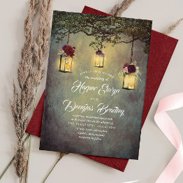 Small Hanging Lanterns Burgundy Red Rustic Wedding Invitation Front View