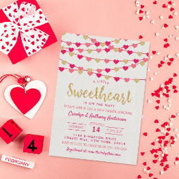 Small Hanging Love Hearts Little Sweetheart Baby Shower Invitation Front View