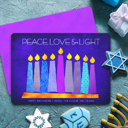 Small Hanukkah Blue Boho Pattern Candle Peace Love Light Holiday Invitations Front View