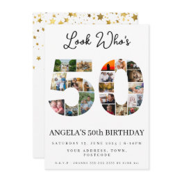 Small Happy 50th Birthday Photo Collage Gold And White Invitation Front View