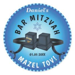 Small Happy Bar Mitzvah 20xx Blue Decorative Classic Round Sticker Front View