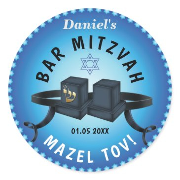 happy bar mitzvah 20xx blue decorative classic round sticker