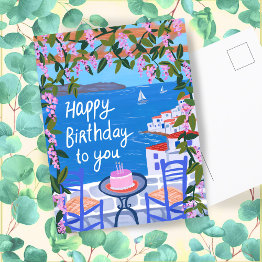 Small Happy Birthday Flowers Terrace Greek Island Postinvitations Front View