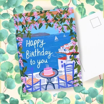 happy birthday flowers terrace greek island postinvitations