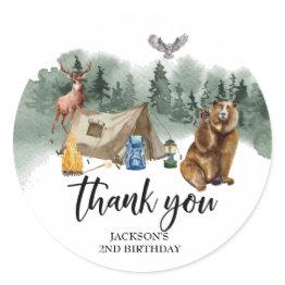 Small Happy Camper Bear Thank You Birthday Favor Classic Round Sticker Front View