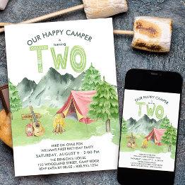Small Happy Camper Watercolor Boys 2nd Birthday Invitation Front View