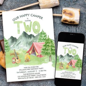 happy camper watercolor boys 2nd birthday invitation