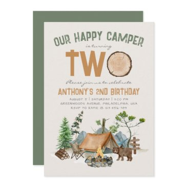 happy camper watercolor woodland 2nd birthday invitation