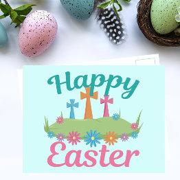 Small Happy Easter Beautiful Religious Flower Crosses Postinvitations Front View