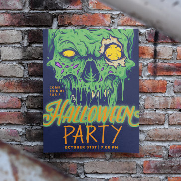 happy halloween | green slimy zombie skull invitation